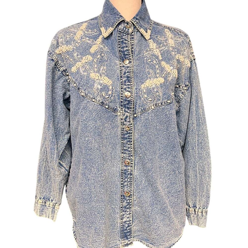 vintage women's bedazzled western button down acid wash chambray denim shirt M